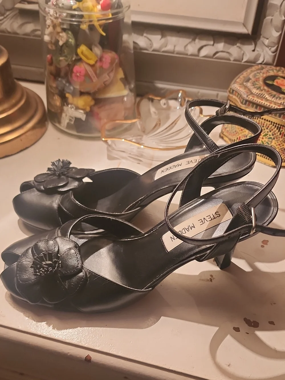 Steve Madden Vintake Y2K Black Floral Applique Slingback Strap Heel